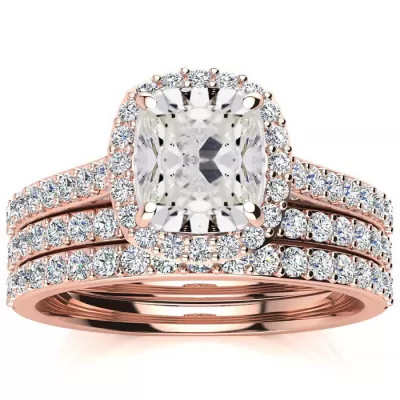 3 Carat Cushion Cut Halo Diamond Bridal Engagement Ring Set in 14K Rose Gold (16 g), , Size 4 by SuperJeweler