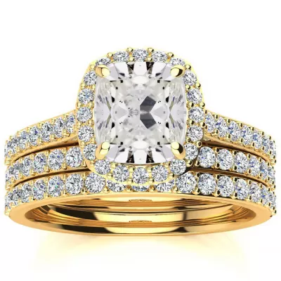 3 Carat Cushion Cut Halo Diamond Bridal Engagement Ring Set in 14K Yellow Gold (16 g), , Size 4 by SuperJeweler