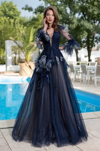 Cristallini - SKA 887 Feather-Accented A-Line Gown