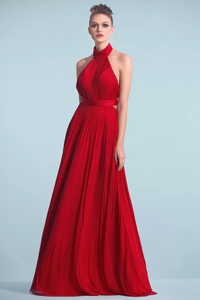 Cristallini - SKA468 Halter Plisse Silk Tulle Backless Evening Gown