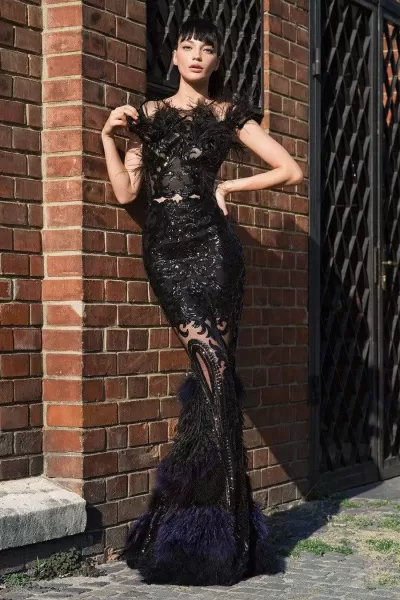 Cristallini - SKA743 Sequin Embellished Feathered Gown