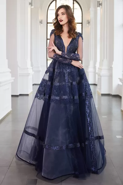 Cristallini - SKA961 Embellished Plunging V-Neck A-Line Gown