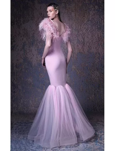 MNM COUTURE - G1027 Feathered V-neck Mermaid Dress